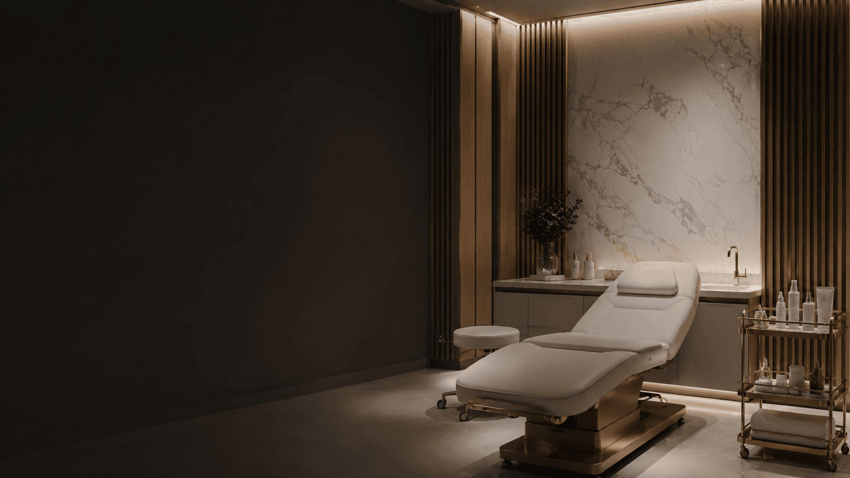 Luxury cosmetic clinic treatment room with warm lighting, marble wall, and treatment chair