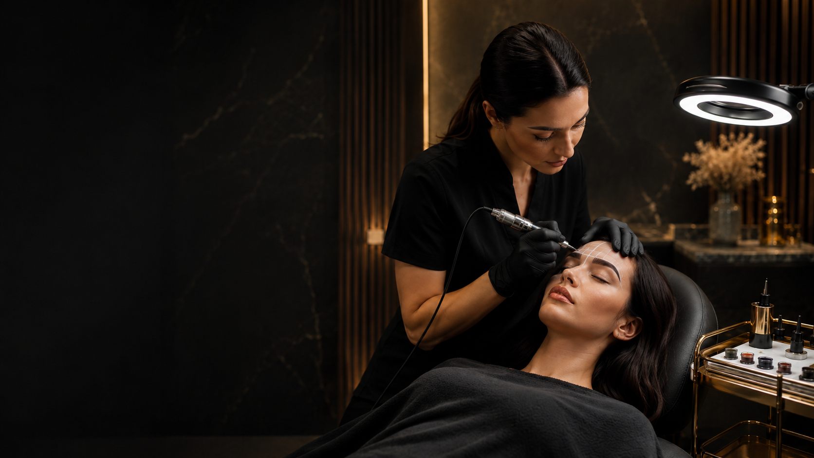 Practitioner applying precision cosmetic brow tattoo technique in a luxury clinic setting